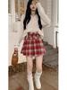 High-Waisted Red Plaid Woolen A-Line Plus Size Pleated Skirt