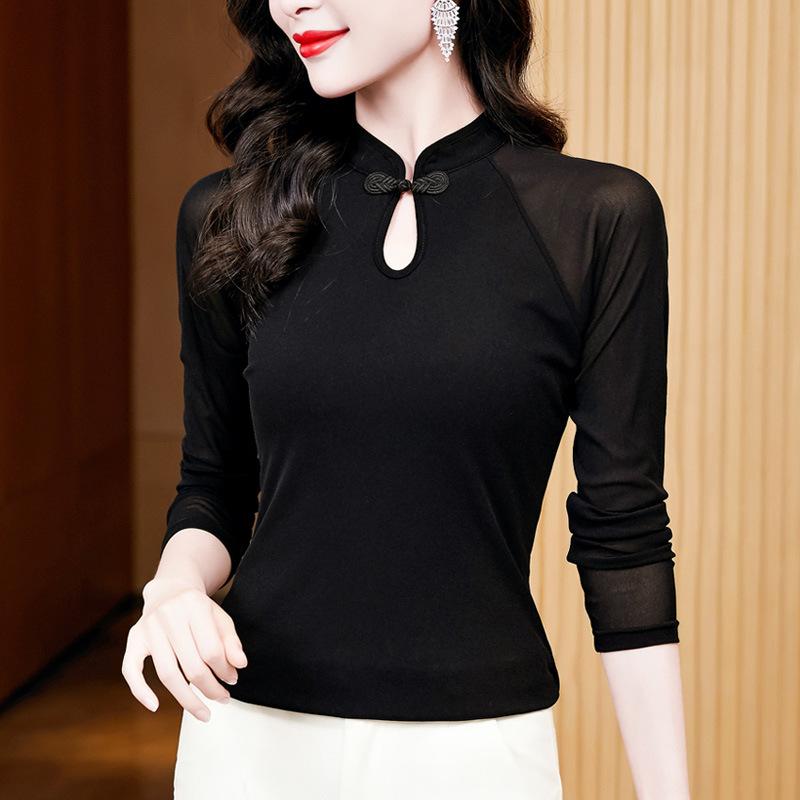 

Новая базовая рубашка с воротником-стойкой для женщин на зиму, модная футболка в новом китайском стиле, топ на пуговицах 3XL чёрный