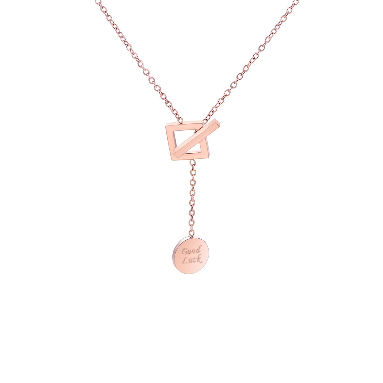 Korean Dongdaemun Simple Style Good Luck Coin Pendant Square Buckle Tassel Necklace розового золота
