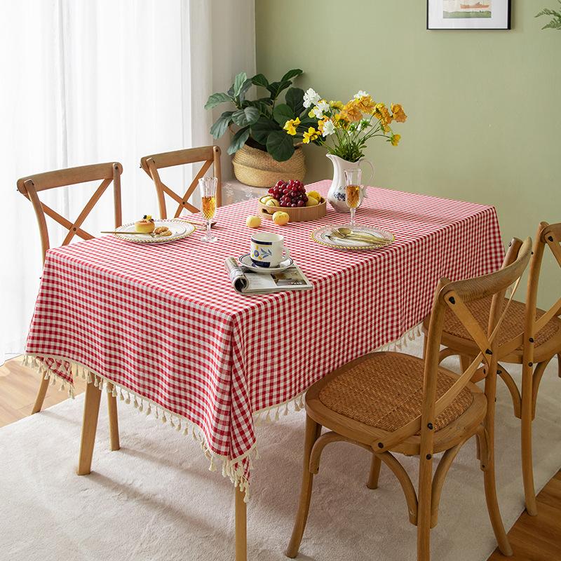 Small grid rectangular dining table cloth, red small grid fringe tablecloth, dining table cloth
