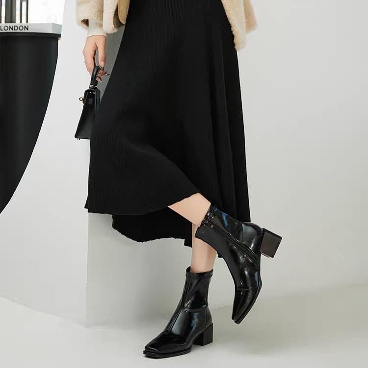 Black thick heel square head thin Martin boots women's shoes 2025 new autumn and winter single boots thin French short boots