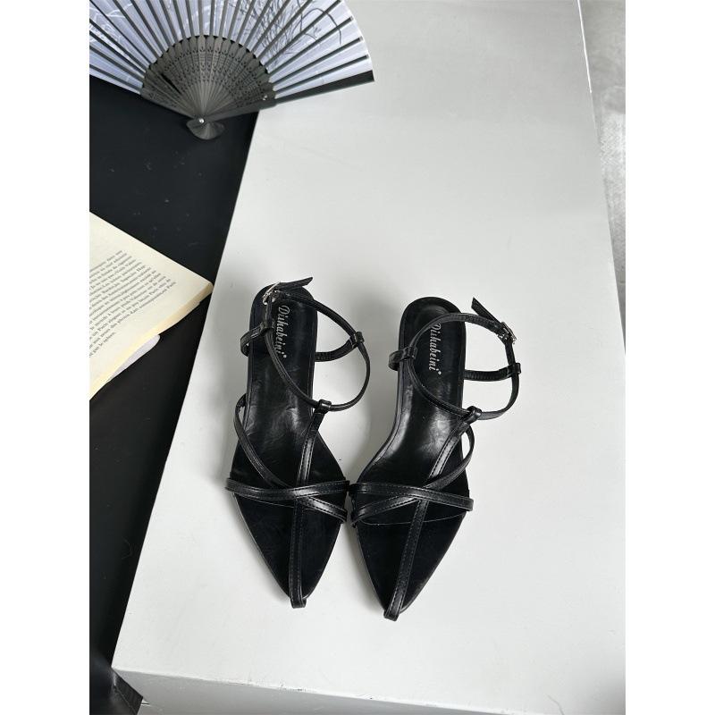 2025 Spring and Autumn New French Pointed One-word Buckle with Low-heeled Sandals Feminine Temperament Thin Belt Fairy Sandals