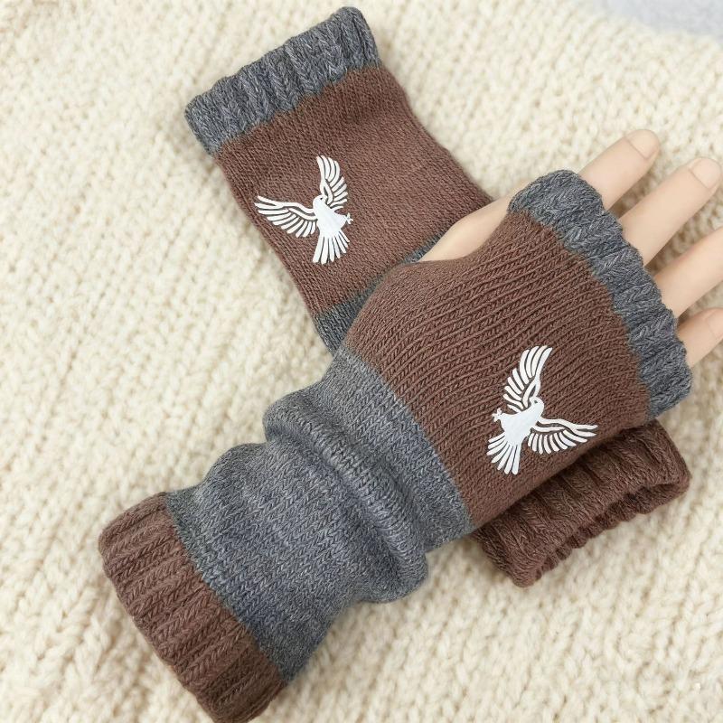 Gants en tricot sans doigts avec broderie de chat et patchwork, Gants décontractés ouverts aux doigts tendance pour femme, Mitaines chaudes d'hiver sans doigts