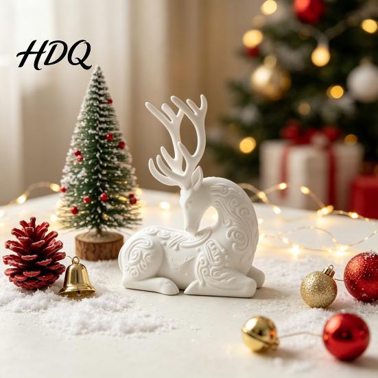 Durable PLA Crafts 3D Printed Deer Figurine White Sitting Stag Sculpture with Antlers Decorative Shelf Statues Minimalist Christmas Tabletop