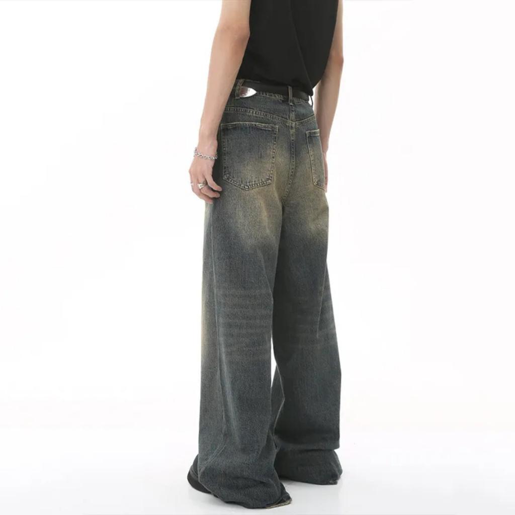Men's Denim Pants Old Blue Washed Male Jeans Straight Casual Menwear Loose Wide Leg Trousers New Fashion