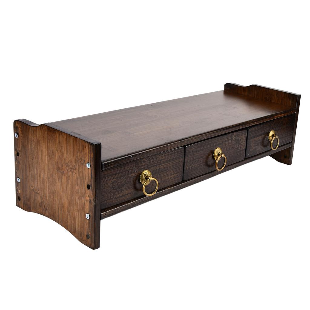 Monitor Stand Bamboo Heightened Non Absorbent Computer Riser with Backplane 3 Drawers for Home
