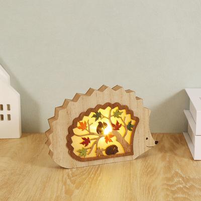 Yousheng 3D Beleuchtetes Tierornament Holz Igel Blatt Eule Eichhörnchen Nachtlicht Rustikale Leuchtende Tischdekoration für Wohnzimmer Schlafzimmer Büro