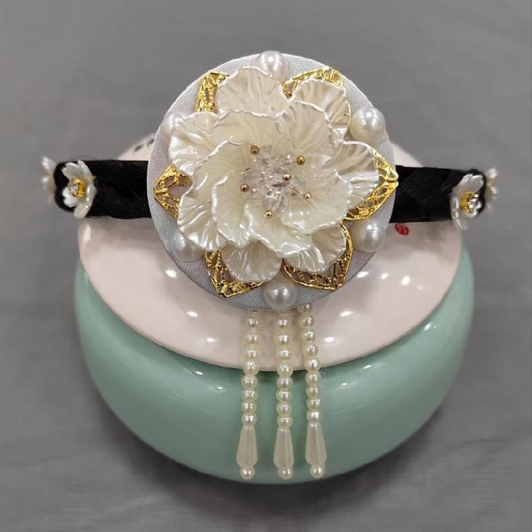 Flower Pearls Korean Hair Hoop Traditional Headband for Stage Shows and Ethnic Festivals Handmade Hair Accessories
