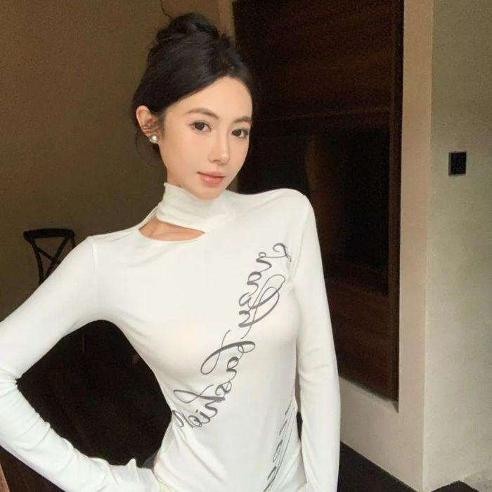 Spicy Girl High Neck Cut-Out Letter Print Long Sleeve Slim Fit Plus Velvet T-Shirt Large (L) белый