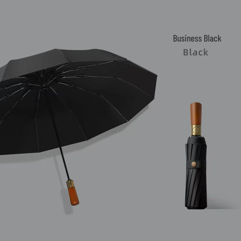 16-Rib Solid Wood Handle Black Sunshade Folding Umbrella - Large, Automatic, and Ideal for Business Gifts