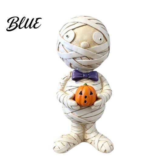 Spooky Figure Mummy Holding Pumpkin Halloween Decoration, Resin Zombie Statue Desktop Figurine for Indoor Shelf, Tiered Tray Decor Desk Ornament