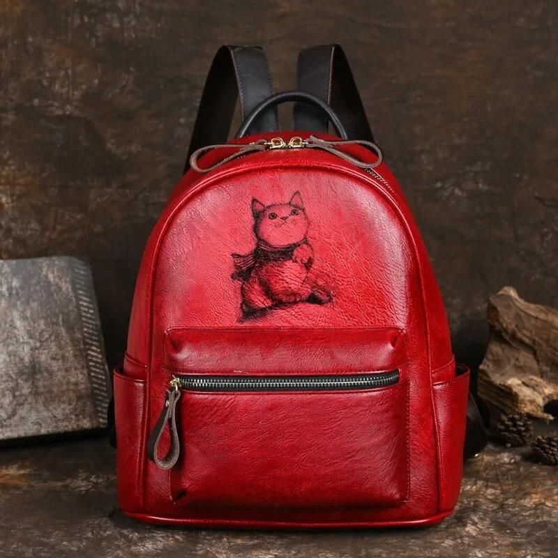 

New Female Retro Genuine Leather Bag Pack Hand-painted Women Backpack 2026 Winter Casual Large Capacity Cowhide Travel Backpacks красный