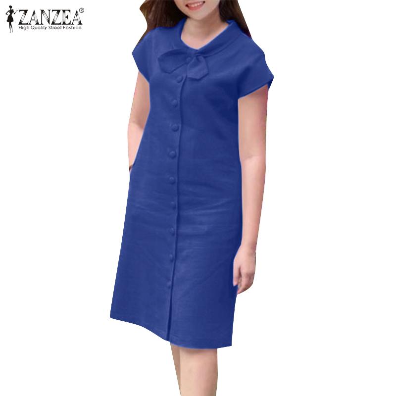 ZANZEA Women Casual Bow Tie O-neck Summer Short Sleeve Dress