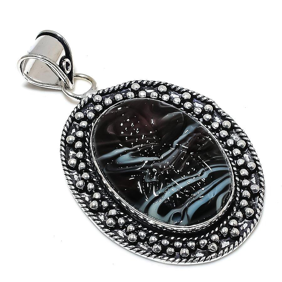 Natural Banded Agate Gemstone Handmade 925 Sterling Silver Pendant 2.56" w4L39