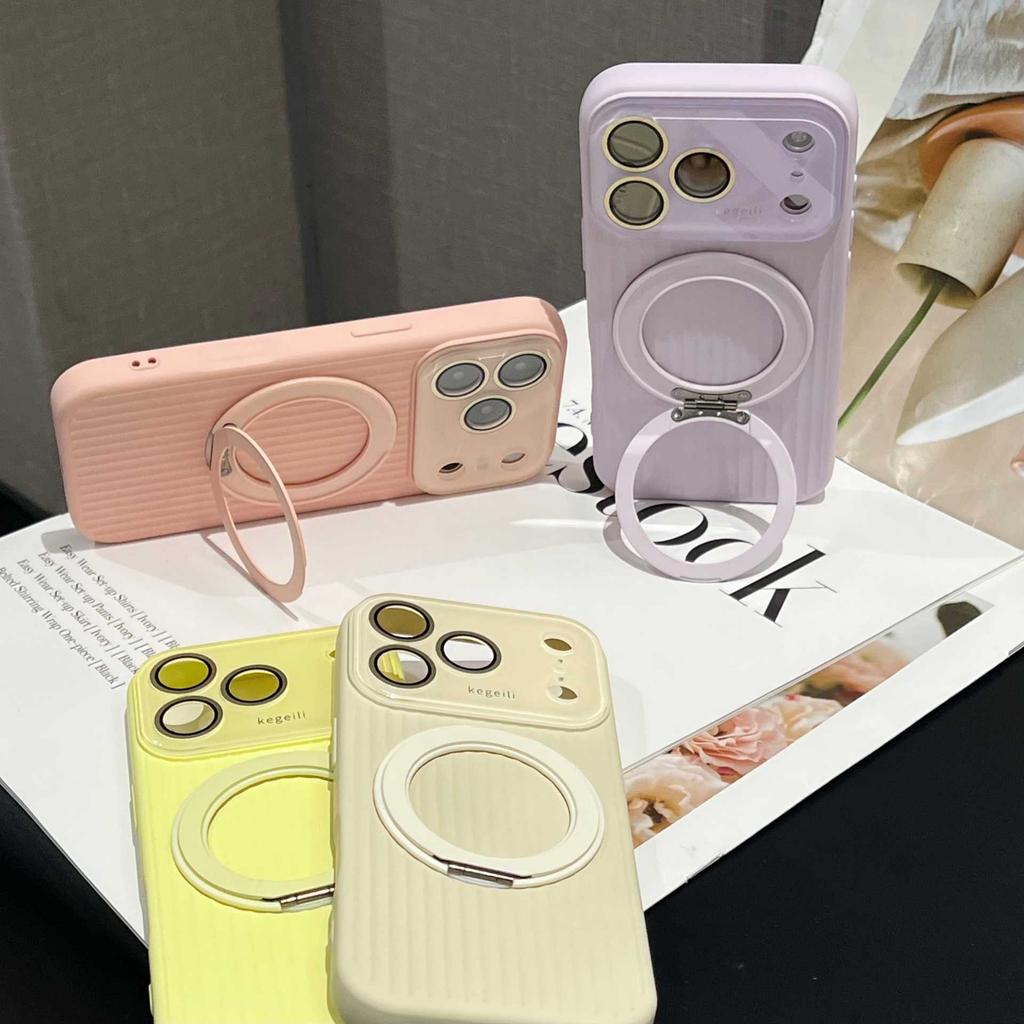 Applicable to iPhone17PROMAX silicone rotating magnetic bracket mobile phone case Apple 16 corrugated stripe large window