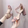 Internet Celebrities Ins High-value One-word Buckle High Heels 2024 New Fashion Versatile Student Thick Heel Roman Sandals Women
