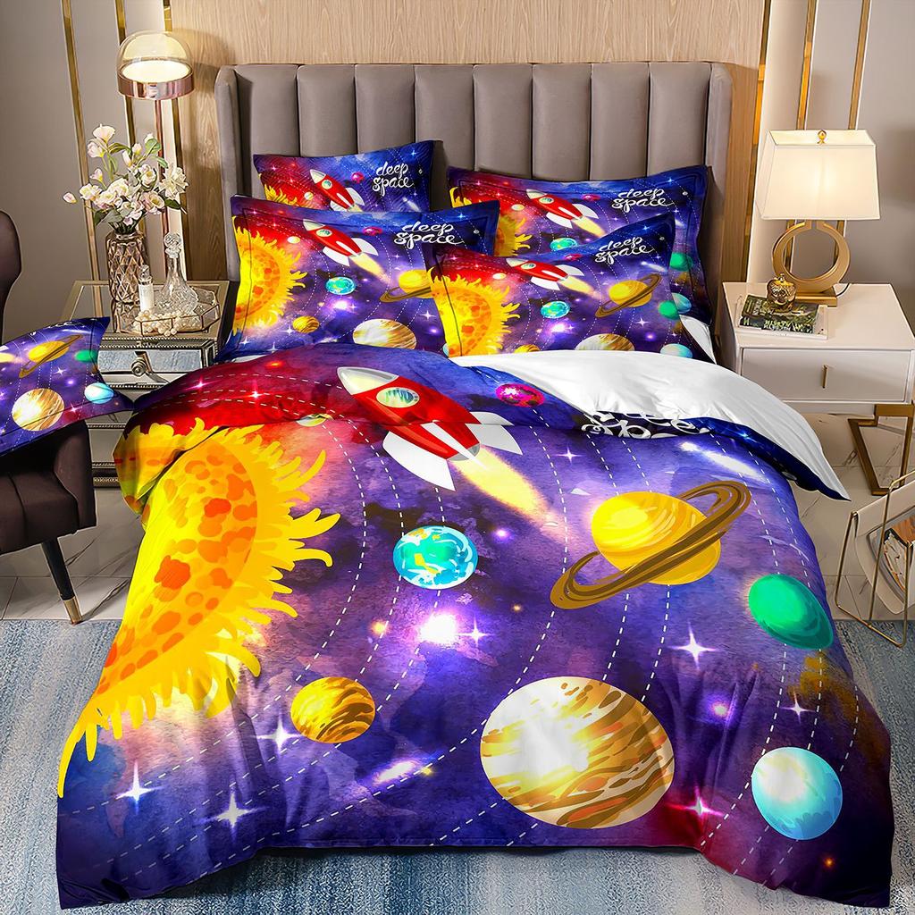 Universe Starry Sky Rocket Space Print Cartoon Duvet Cover Bedding Set Bedclothes Twin Single King For Kids Adult Bedrooms Decor