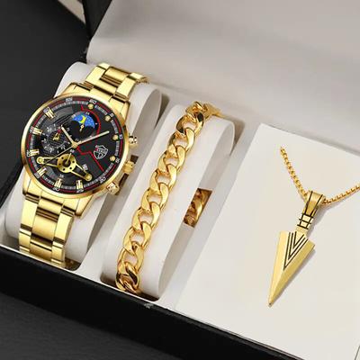Fashion Men's Calendar Watches Mens Stainless Steel Strap Watch Business Man Quartz Wristwatch Bracelet Necklace Set