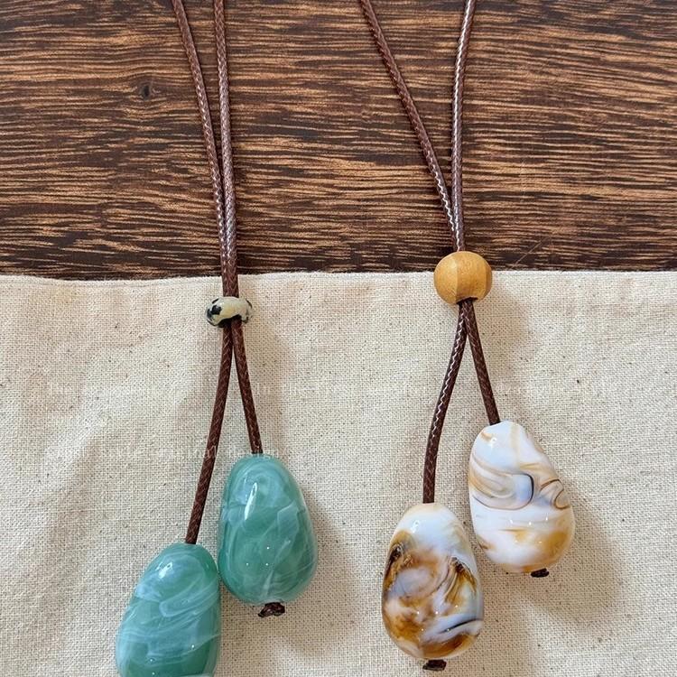 Green Wooden Round Bead Long Necklace Pendant Rope Women's Mori Retro Design Sweater Chain Niche Neck Accessories