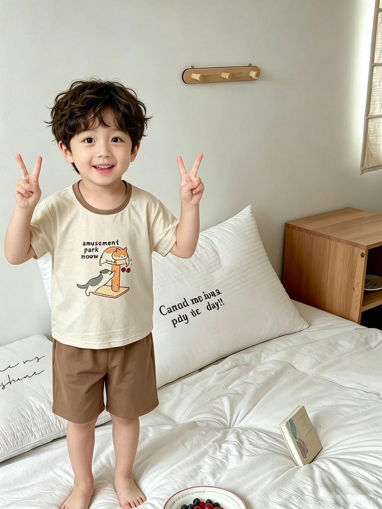 Children's Cartoon Cotton Short Sleeve Pajama Set - Unisex, Medium & Large