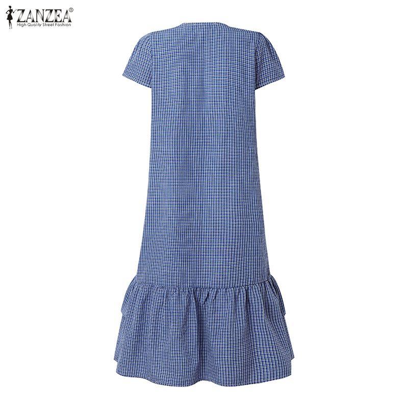 ZANZEA Women Daily Summer V-Neck Plaid Print Short Sleeve Casual Dress