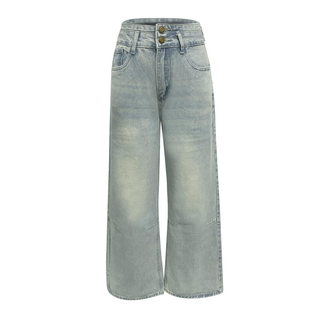 Women's High Waist Distressed Button Design Vintage Jeans Women's Loose Straight Wide Pants