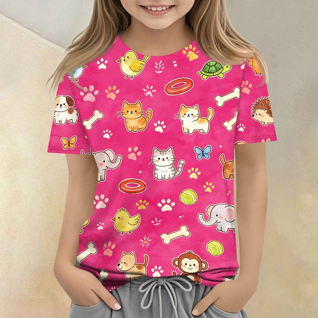 Kids Animal Print Crew Neck Short Sleeve T Shirt Casual Loose Fit Top Soft Comfortable Fabric Suitable for Everyday Wear