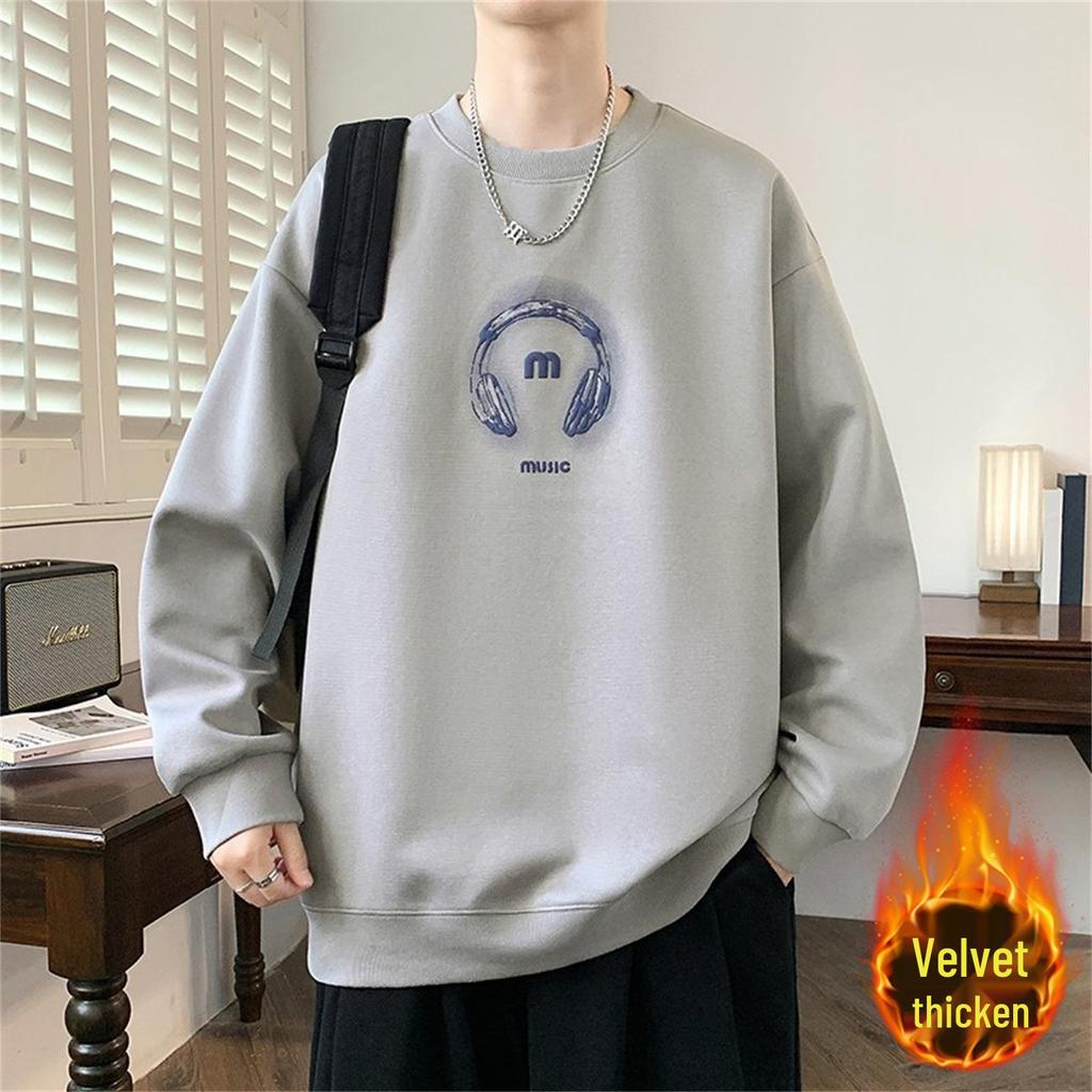 Men's Round Neck Hoodie, New Style: Spring, Autumn & Winter, Plus Velvet, Long Sleeve, Youth & Big Kids Trendy T-shirt
