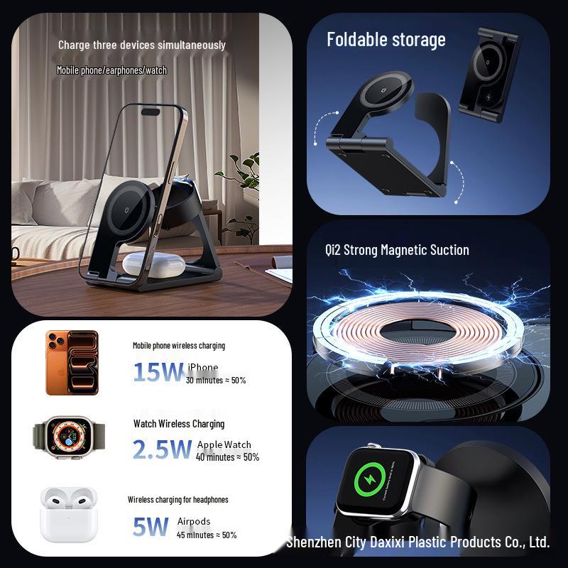 3-in-1 Foldable Wireless Magnetic Charger Stand for iPhone, Earbuds, and Watch - 15W Portable