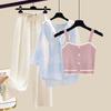 Knitted Suspender Vest Plaid Panel Sunscreen Chiffon Shirt Wide Leg Pants Three-piece Elegant Women Pants Set Summer Outfits