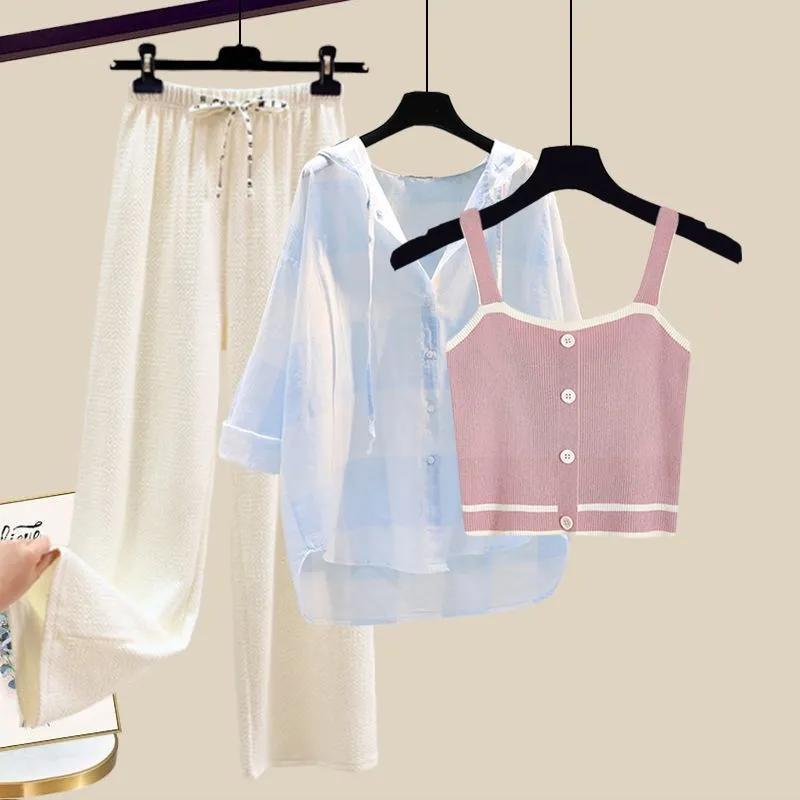 Knitted Suspender Vest Plaid Panel Sunscreen Chiffon Shirt Wide Leg Pants Three-piece Elegant Women Pants Set Summer Outfits