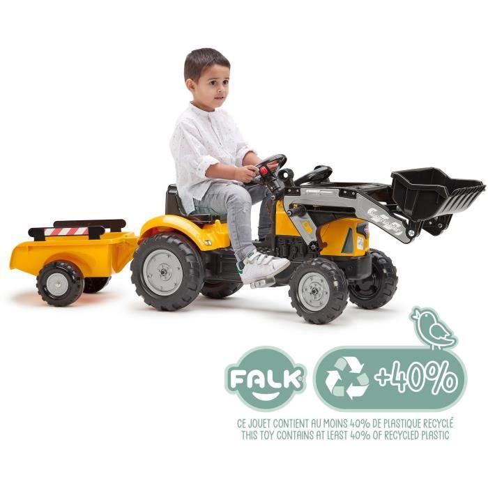 Tractopelle a pédales SuperBuilder - FALK - Volant directionnel, Remorque - Fabriqué en France, 40% de plastique recyclé - Des 2 ans