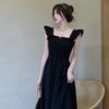 French Temperament Small Flying Sleeves Pleated Waist Dress Summer New Hepburn Style Square Neck Suspender Medium and Long Dress