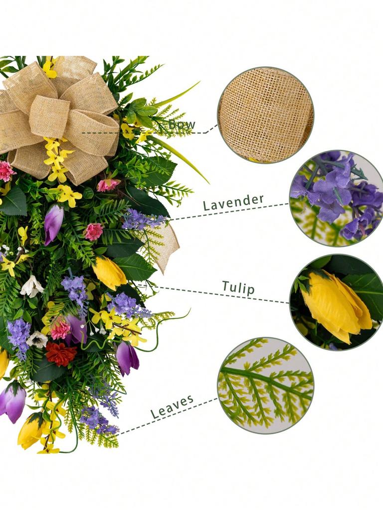 Spring and Summer Wall Courtyard Decoration Supplies Linen Bow Violet Tulip Wreath 1pc