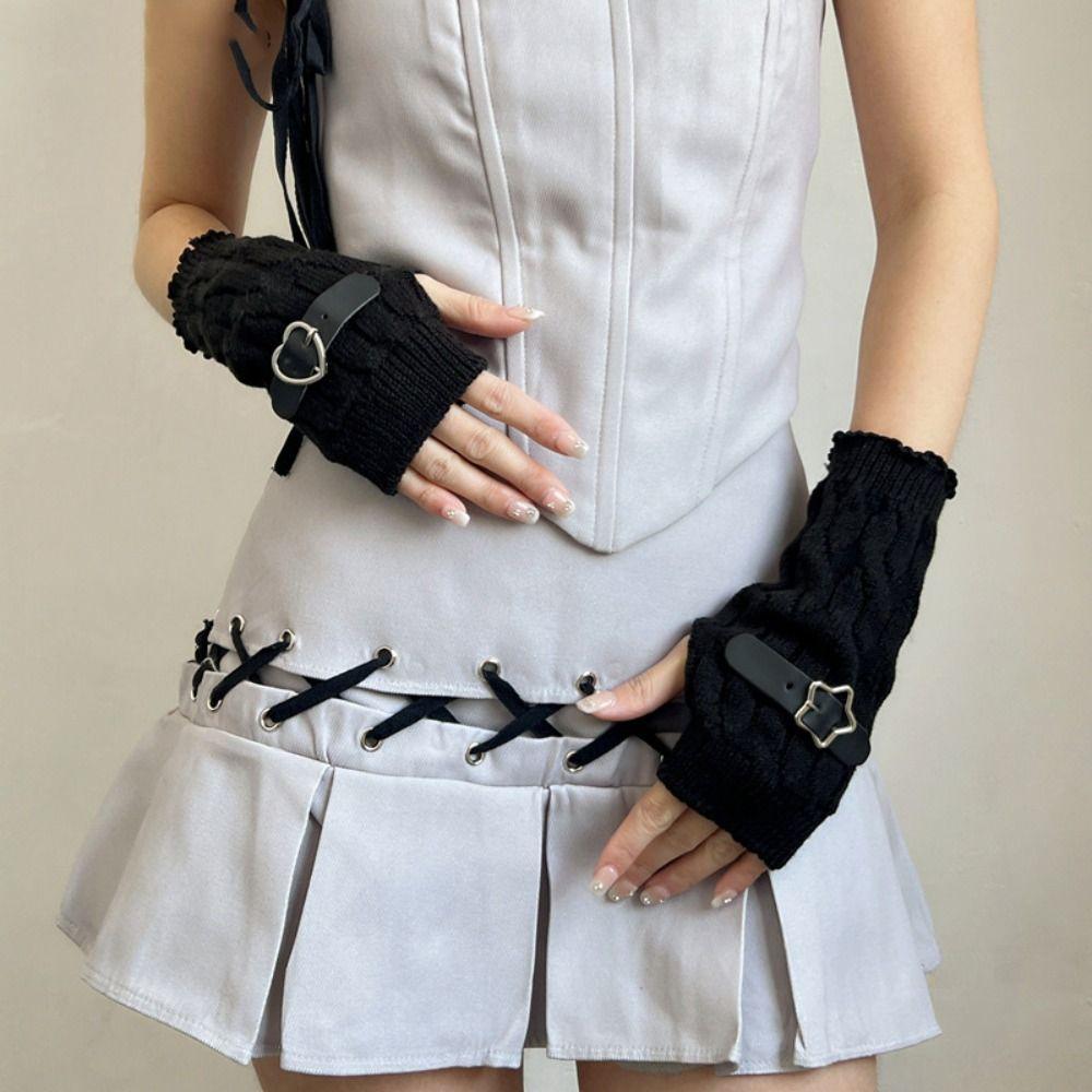 Elastic Knitted Arm Warmers Star Fingerless Gloves Streetwear Y2K Warm Sleeves  Girl Party
