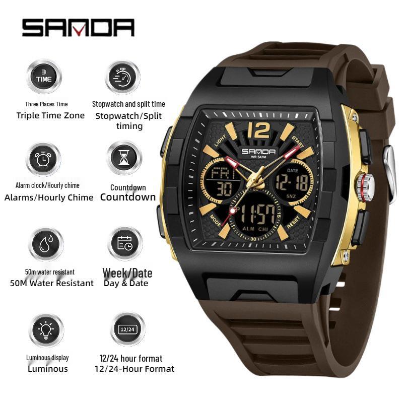 Sanda Men's Sports Barrel-Shaped Luminous Countdown Watch with Triple Time Zone and Dual Display, Waterproof Design.