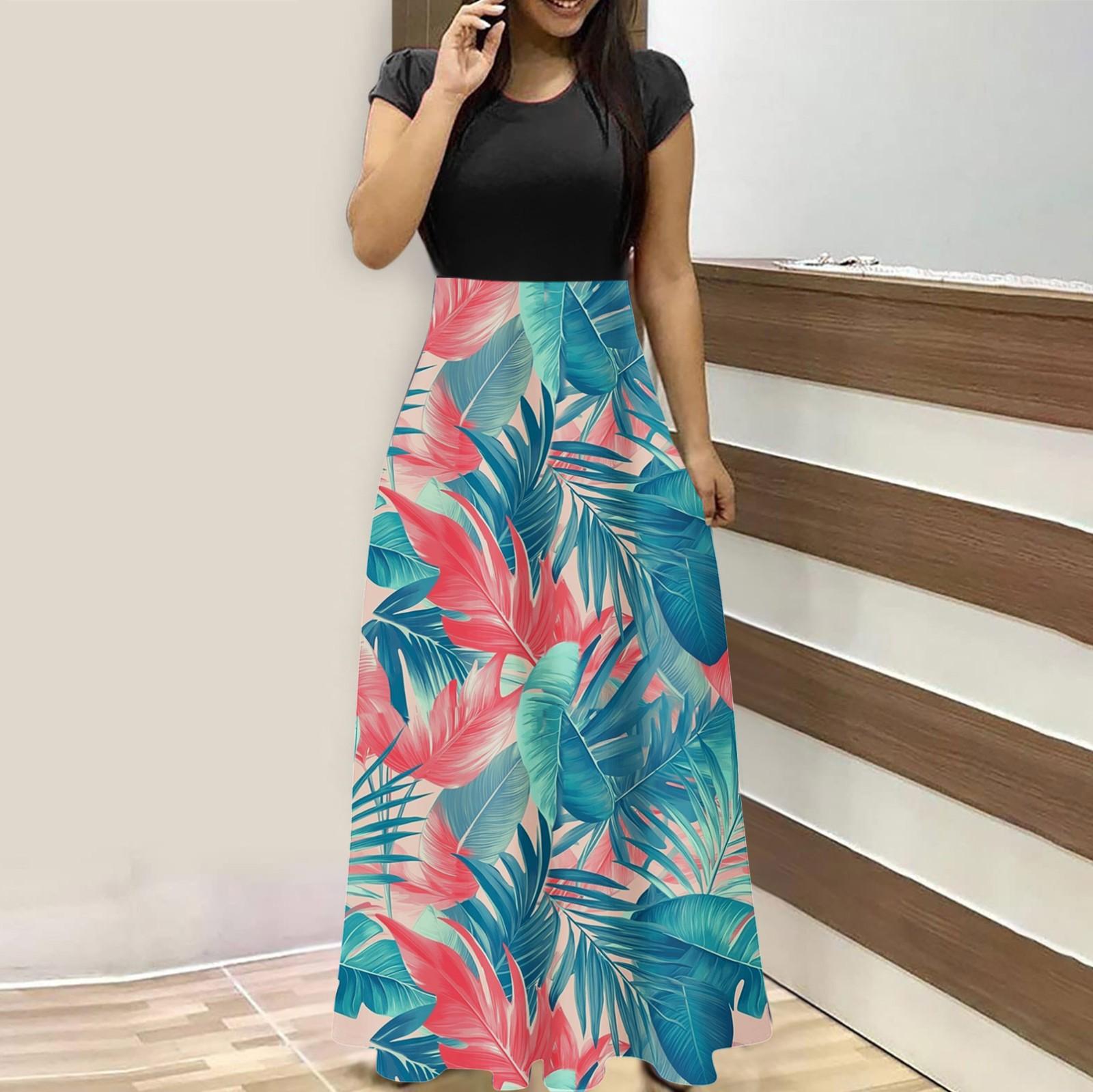 

Женская мода повседневные свободные принтованные платья с круглым вырезом и коротким рукавом длинные платья с коротким рукавом длинные платья XL