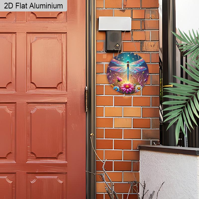 2D Flat Aluminum Colorful Dragonfly Metal Wall Decor Round Sign - Fantasy Garden Insect with Wildflowers & Starry Night Art - Whimsical Hanging