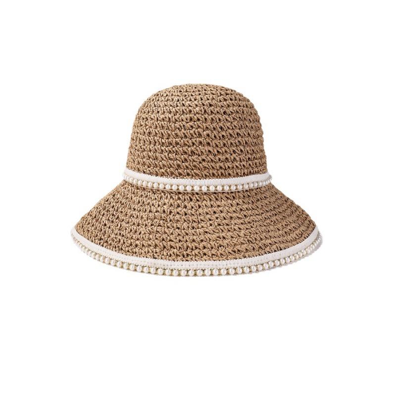 

Women S Double-Layer Pearl Large Brim Hand Hook Straw Woven Hat, Summer Beach Fisherman Hat, Outdoor Sun Shading Sun Hat хаки