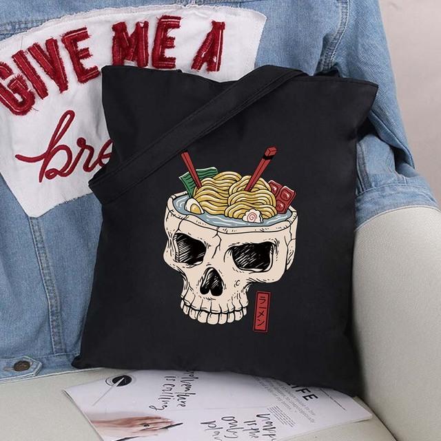 Women Shopping Bags Cute Cartoons Pattern Series Eco Shopper Shoulder Bag Fashion Black Printing Folding Handbag Canvas Tote Bag