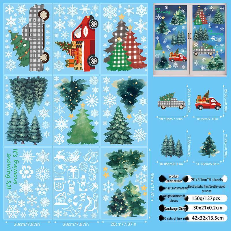 Christmas Snowflake and Reindeer Wall & Window Stickers - Static Santa Claus Decor for Refrigerator and Shops