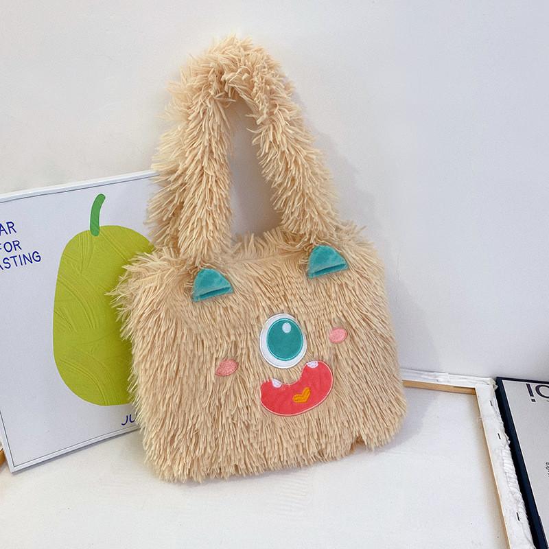 Cute Cartoon Monster Plush Tote Bag With Zipper Closure For Daily Use Student Girls