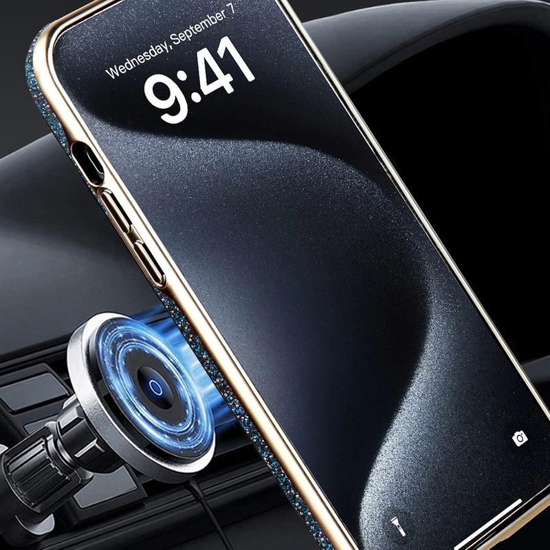 Luxury Glitter Jewel Glossy for MagSafe Phone Case For iPhone 16 Pro Max 15 14 Plus 13 12 Plating Shockproof Magnetic Hard PC Bumper Cover