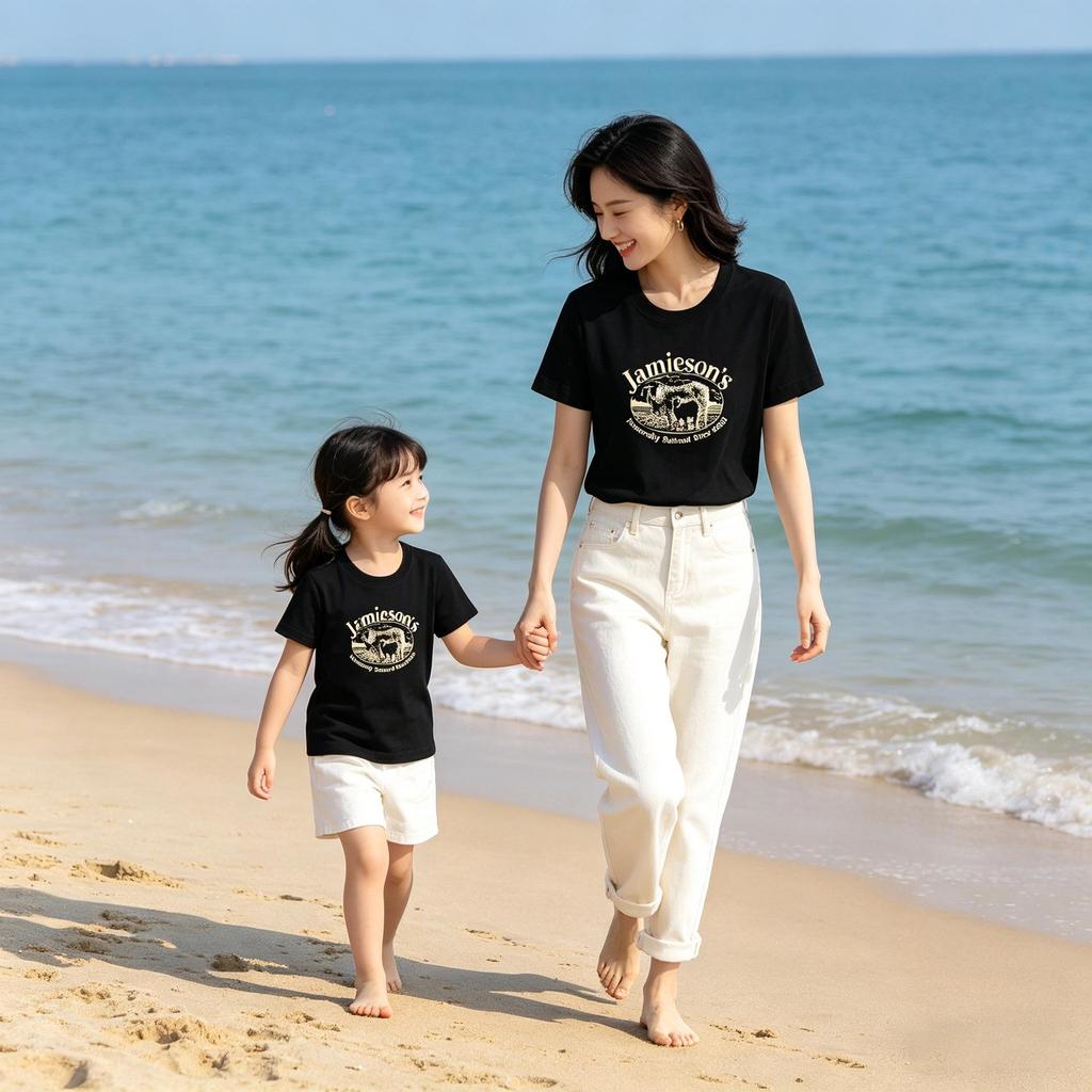 100% Baumwolle Lamm-Print Mutter-Tochter Partnerlook Kurzarm T-Shirt - Rundhals, Lässiges Oberteil