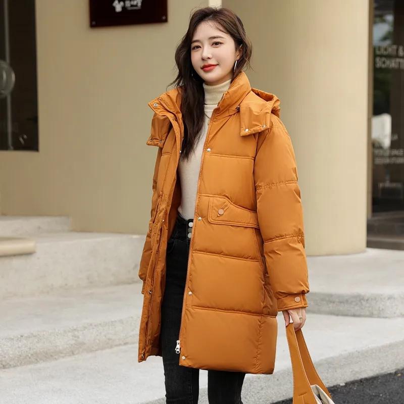 Winter Women Medium Long Jacket Parkas Female Down Cotton Jackets Solid Hooded Casual Warm Parka Female Outwear Overcoat