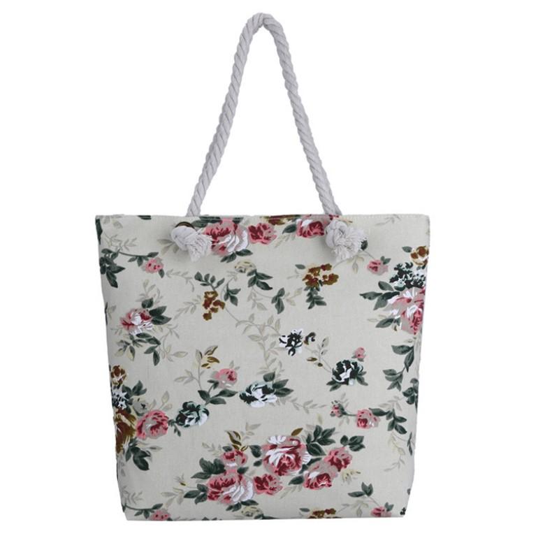 Summer Ladies Flower Printed Canvas Beach Handbag Portable for Female Single Shoulder Casual Tote Bags