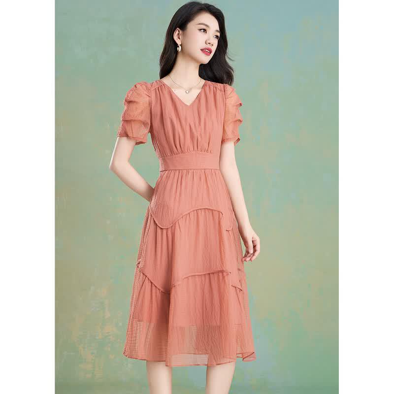 French Style Pleated V-Neck Midi Dress