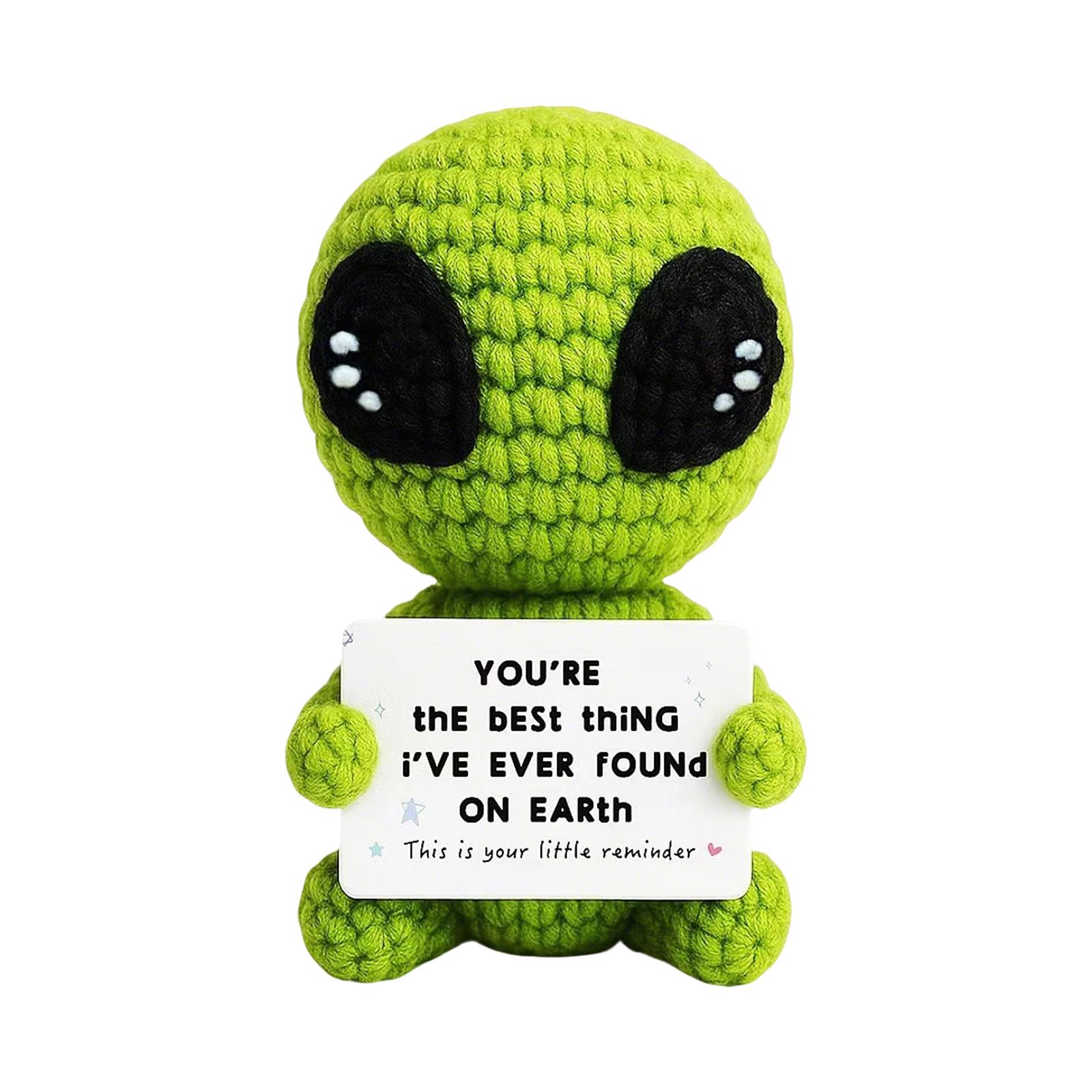 

Handmade Crochet Alien Figurine Soft Stuffed Toy with Sign Decorative Amigurumi Plush Doll for Home Office Desk Decoration Gift