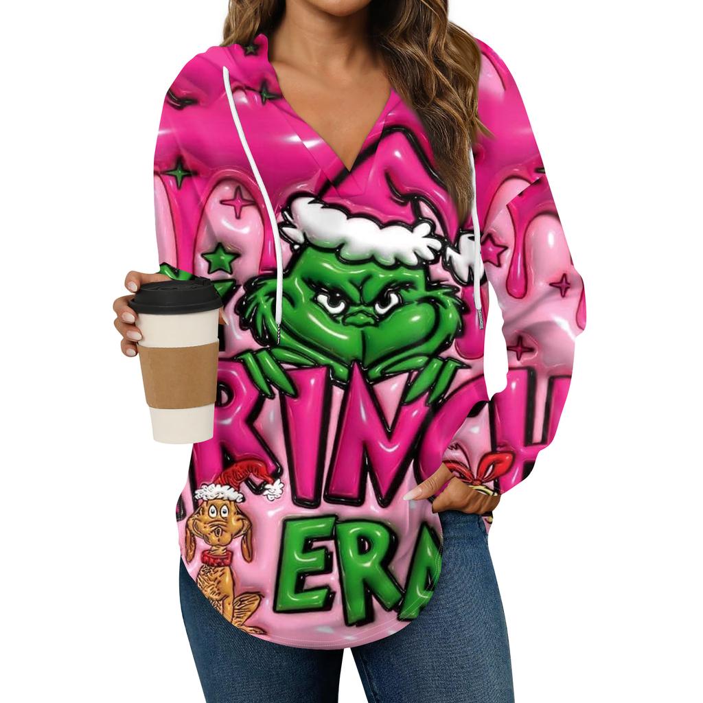 Women's Fashion Hoodies V Neck Long Sleeve Christmas Printed Drawstring Casual Loose Pullover Tops