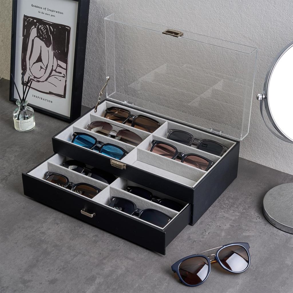 ProCase Sunglasses Case 12 Storage Box for Eyeglasses and Acrylic PU Black (Holds Sunglasses), 2-Tier Jewelry, Lid, Material,